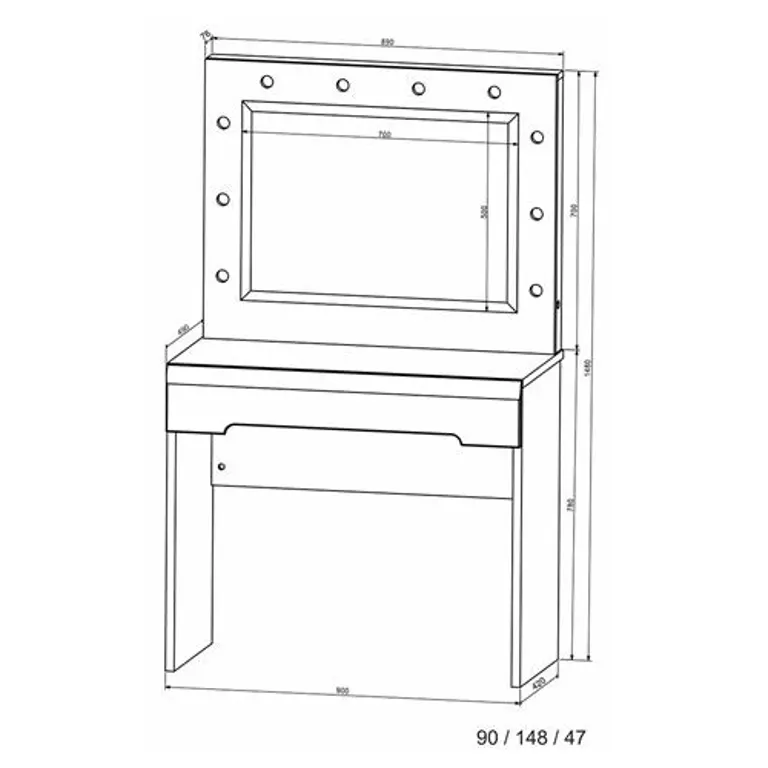 Medidas del tocador camerino blanco N-62 de 90 × 47 × 148 cm